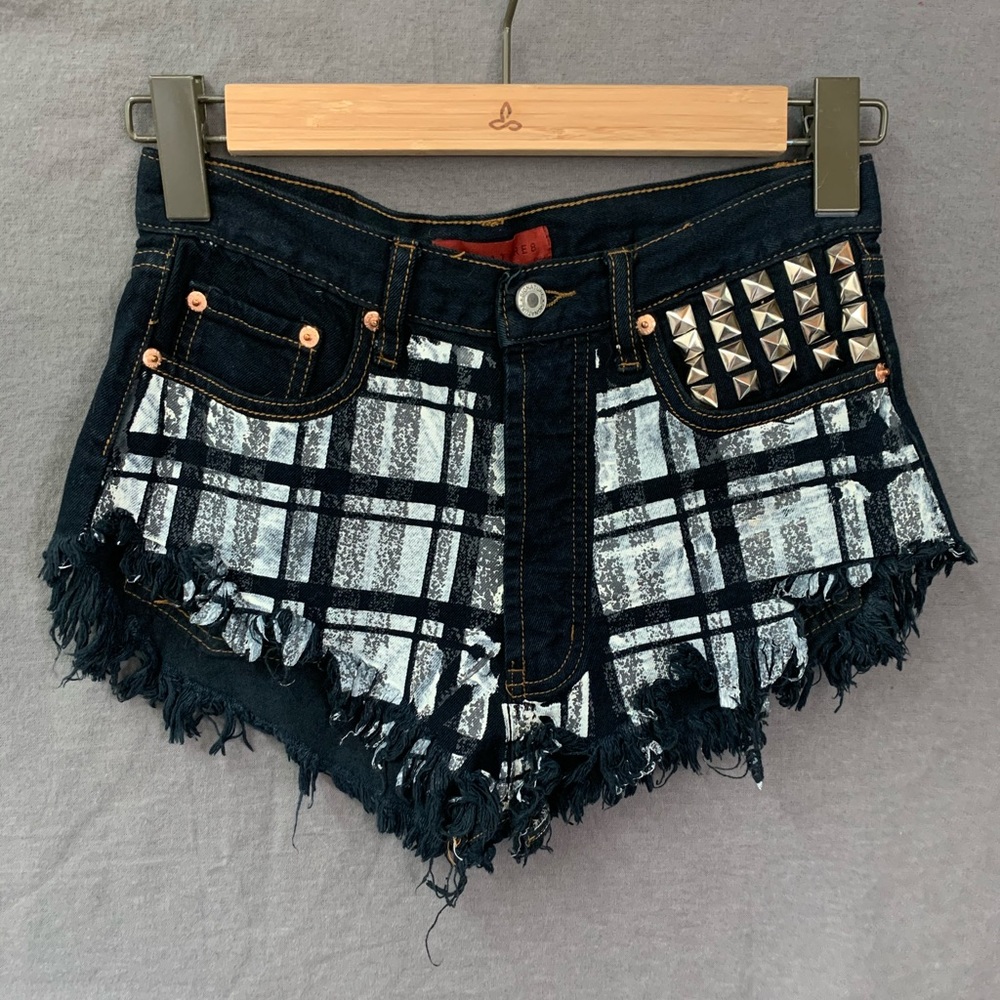 Signature8 Plaid Spiked Distressed Denim Shorts